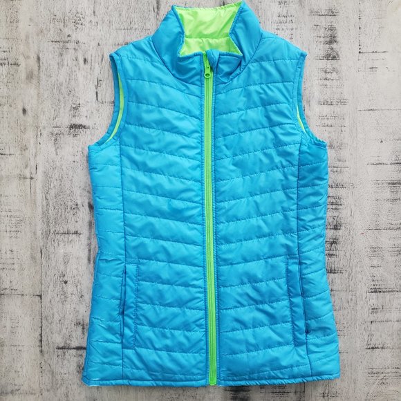 Aqua Blue and Green Reversible Lightweight Puffer Vest - Picture 1 of 5